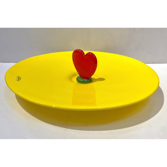 Modern Barovier Toso Green Yellow Art Murano Glass Red Heart Plate Centerpiece