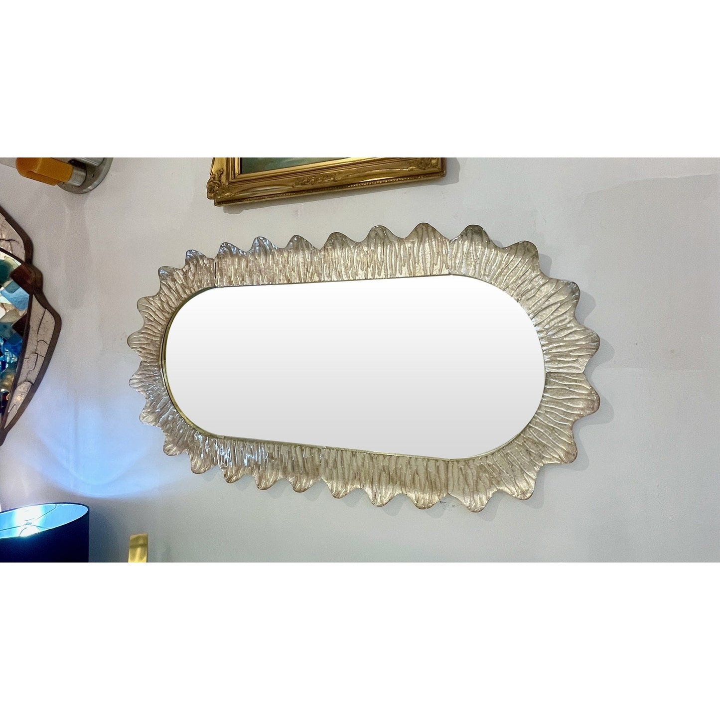 Modern Italian Art Deco Style Curved Ivory Cream Murano Glass Brass Oval Mirror