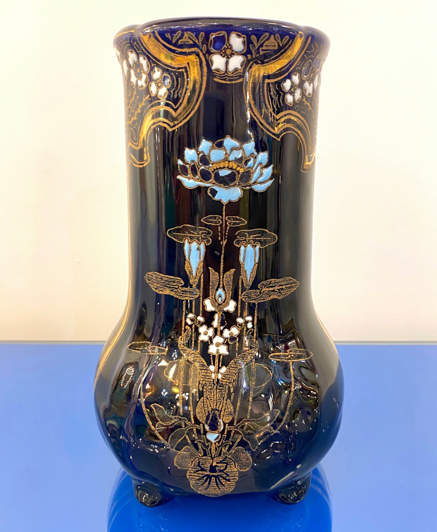 Art Nouveau French Antique Ceramic Vase in Blue Majolica with White Gold Flowers