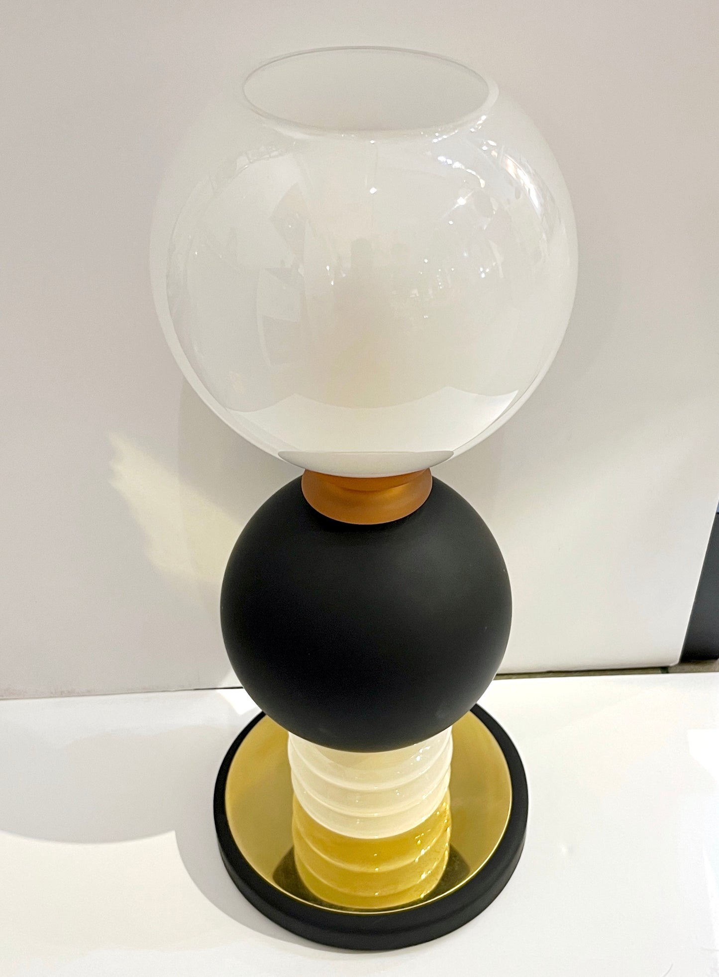 1980s Vintage Italian Pair of Frosted White Matte Black Glass Sphere Table Lamps