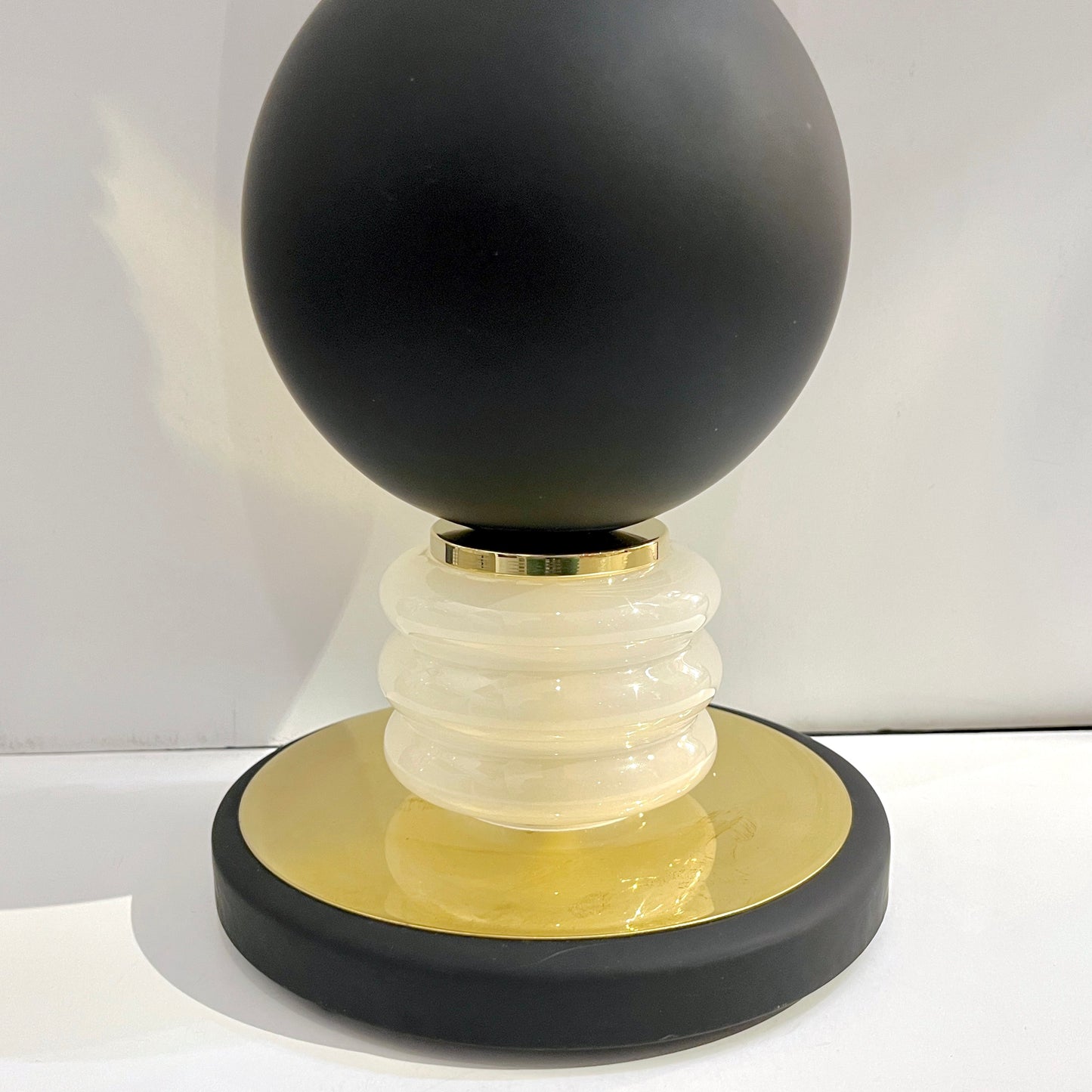 1980s Vintage Italian Pair of Frosted White Matte Black Glass Sphere Table Lamps