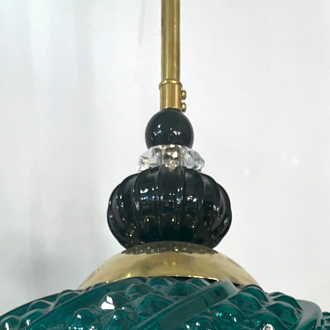 Bespoke Italian Horizontal Emerald Green Black Murano Glass Brass Oval Pendant