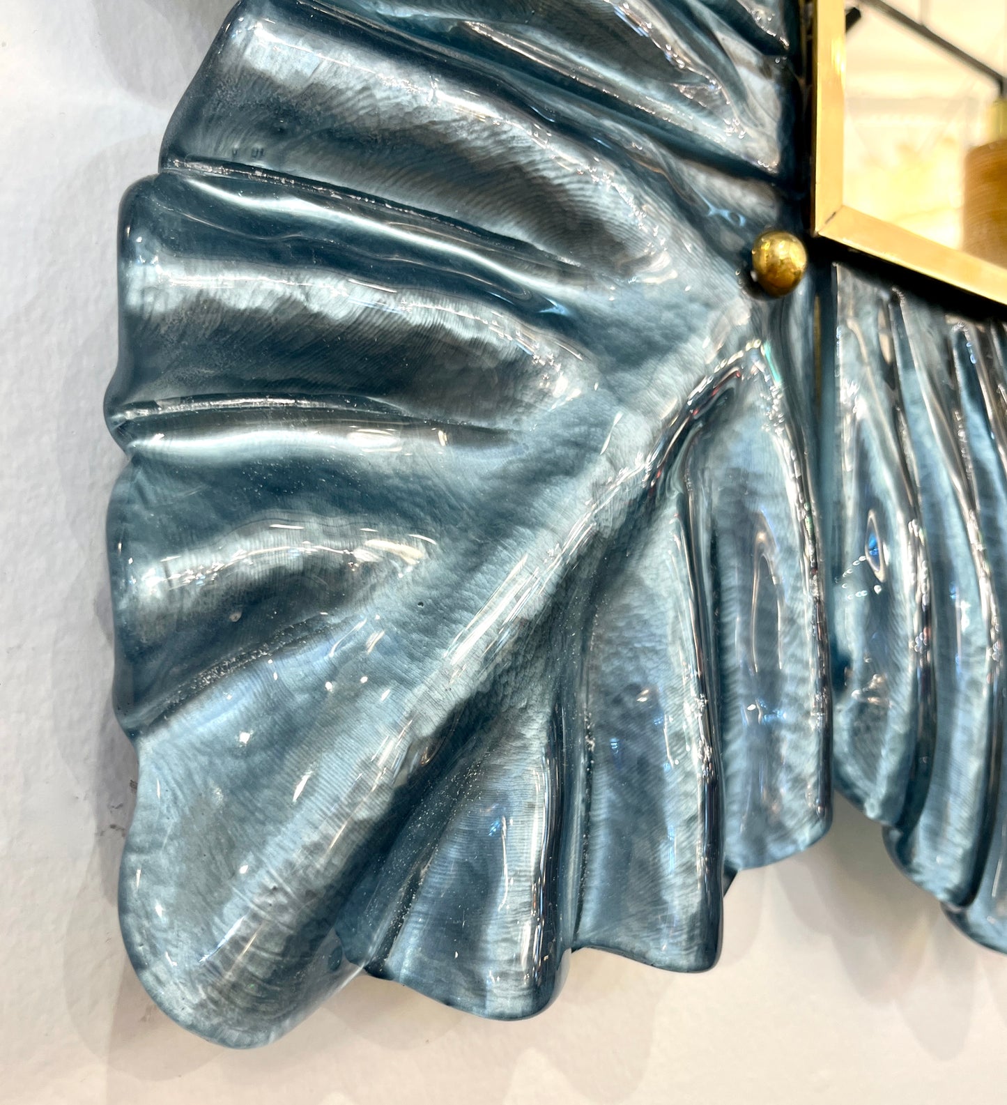 Bespoke Italian Modern Leaf Design Avio Silver Blue Murano Glass Brass Mirror