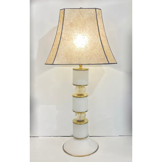 1950s Mid Century Italian Pair Tall White Gold Murano Glass Lamps & Mica Shades