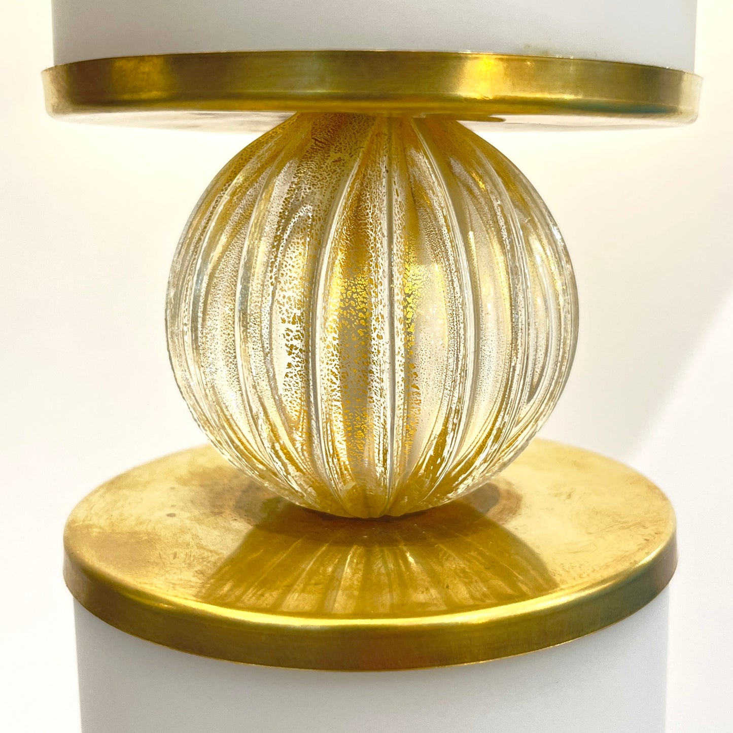 1950s Mid Century Italian Pair Tall White Gold Murano Glass Lamps & Mica Shades