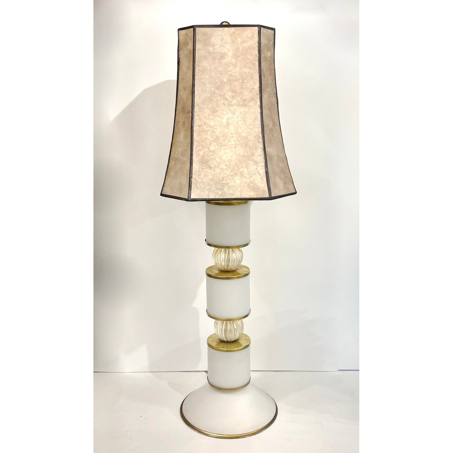 1950s Mid Century Italian Pair Tall White Gold Murano Glass Lamps & Mica Shades