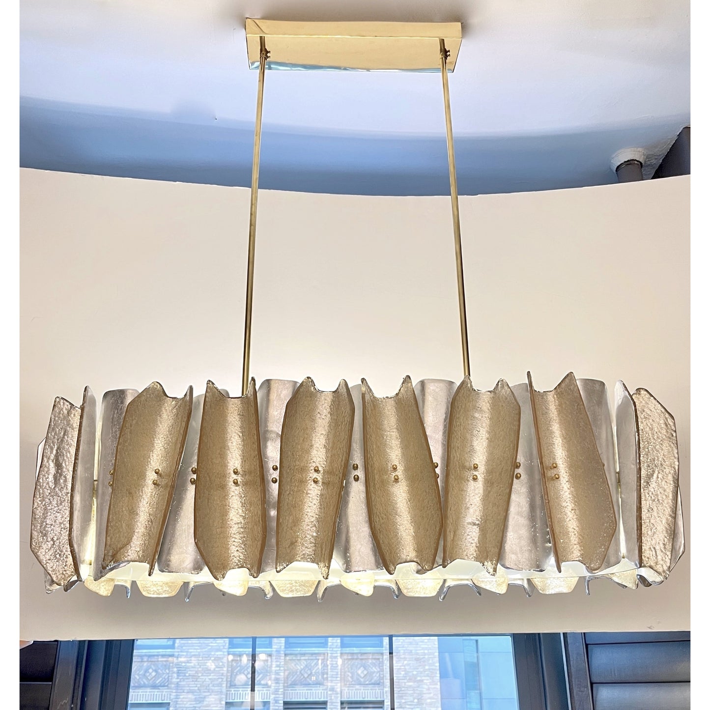 Italian Post Modern Amber Gold Silver Murano Glass Graphic Brass Oval Chandelier