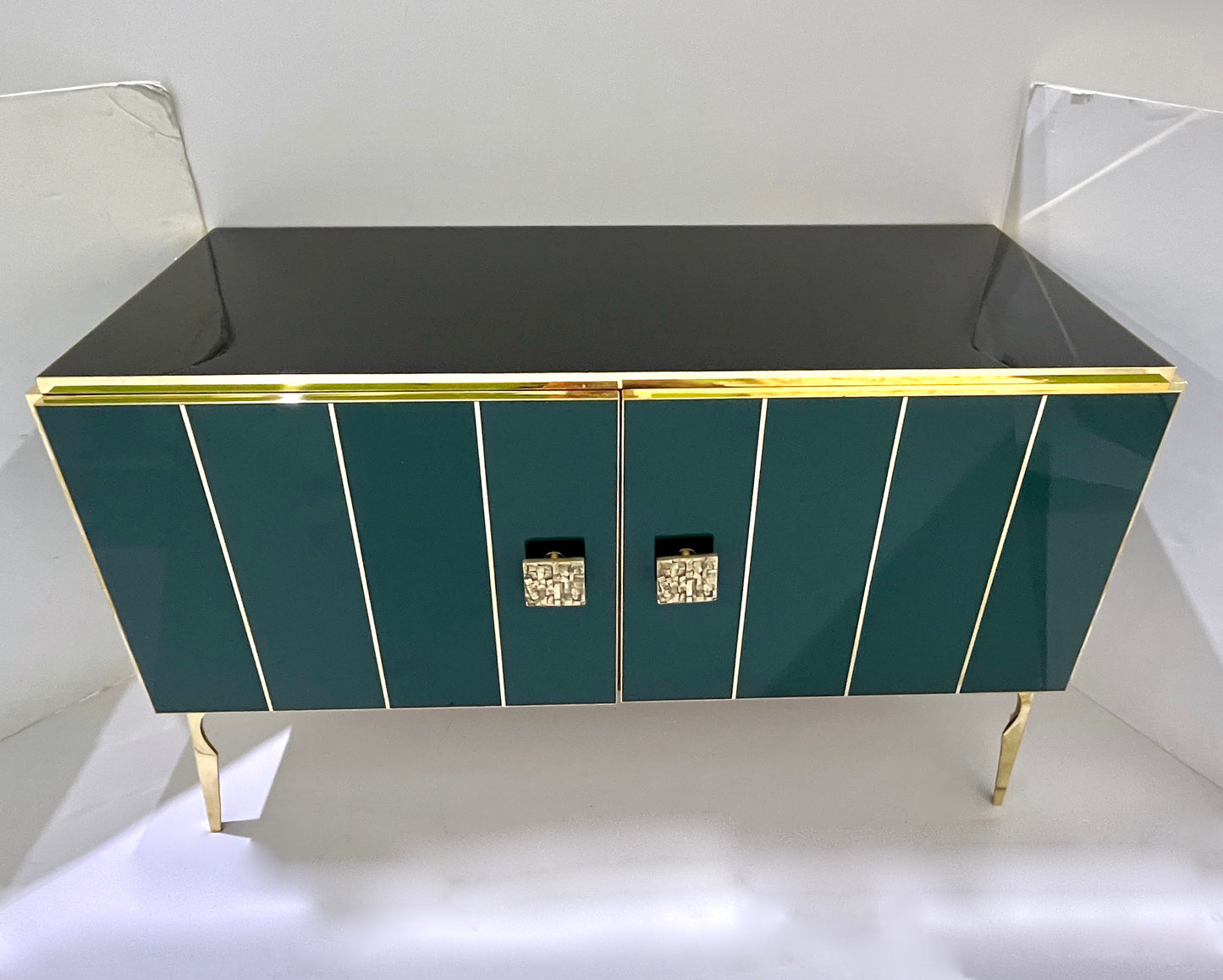 Modern Italian Custom Art Deco Style Hunter Green Black Glass Brass Cabinet /Bar
