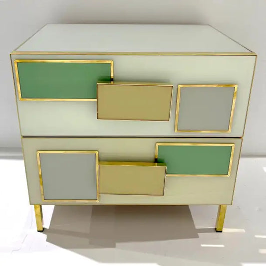 Italian Geometric Pair Postmodern Yellow Green Cream Gray Glass Brass Chests