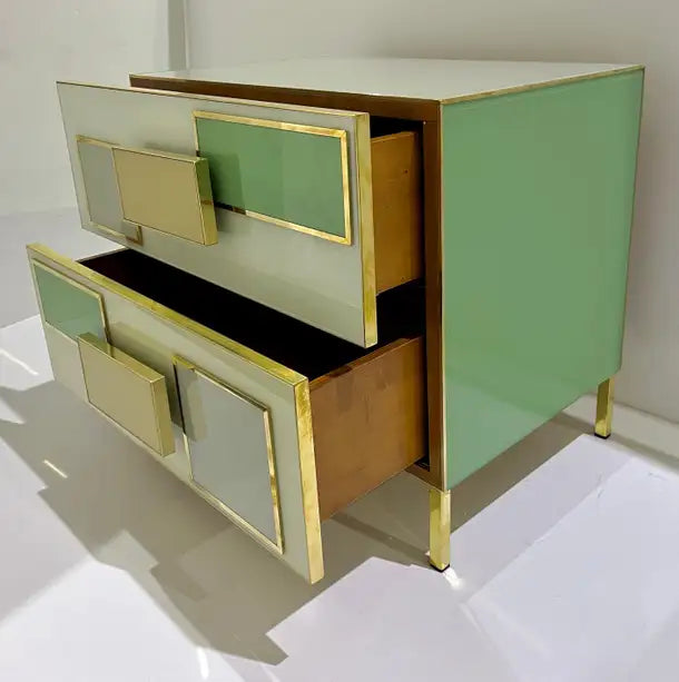 Italian Geometric Pair Postmodern Yellow Green Cream Gray Glass Brass Chests