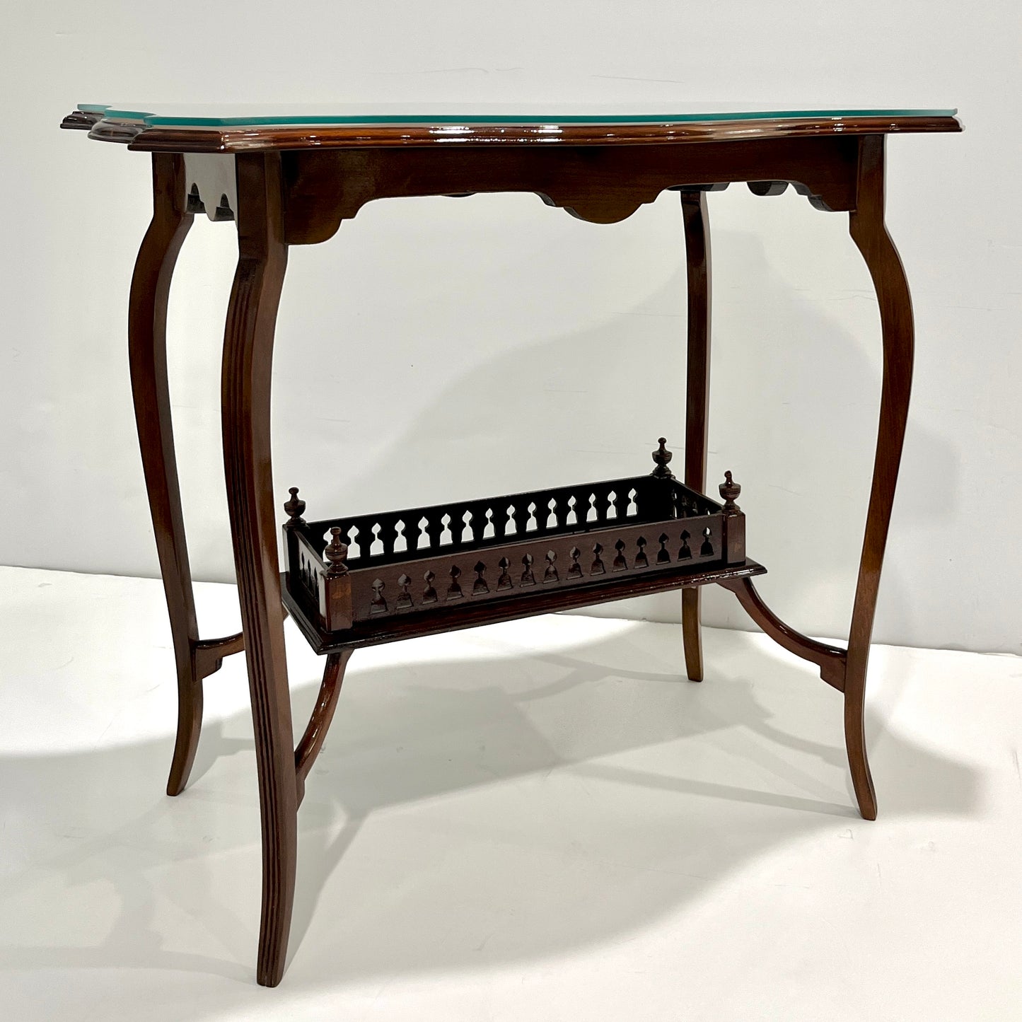 Edwardian Antique English Mahogany Two-Tier Side Table Glass Top Gallery Shelf