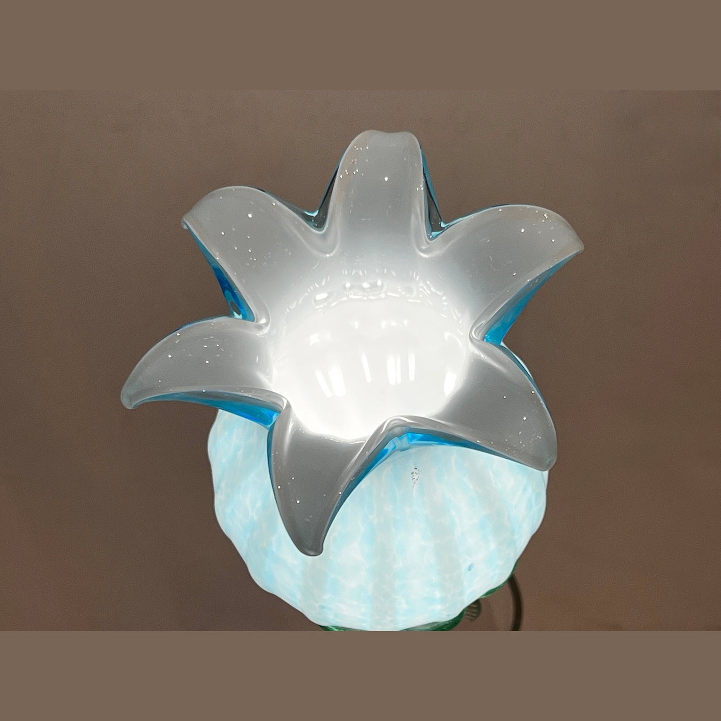 Italian Organic Modern Turquoise Blue Art Glass Lit Flower White Vase/Table Lamp