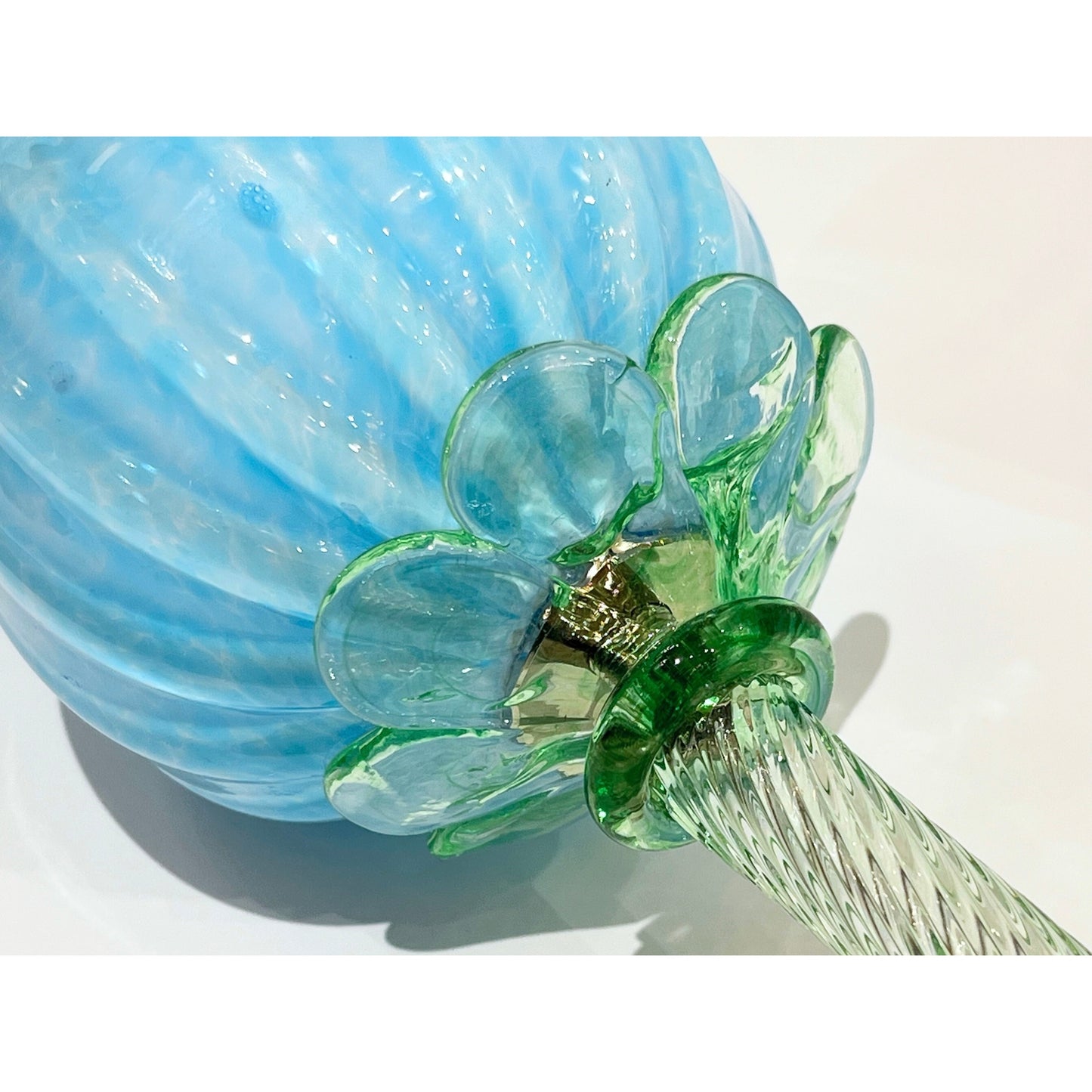 Italian Organic Modern Turquoise Blue Art Glass Lit Flower White Vase/Table Lamp