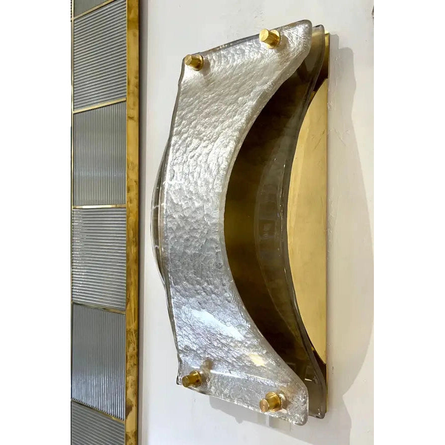 Italian Modern Pair Silver Leaf Smoked Murano Glass Organic Design Brass Sconces