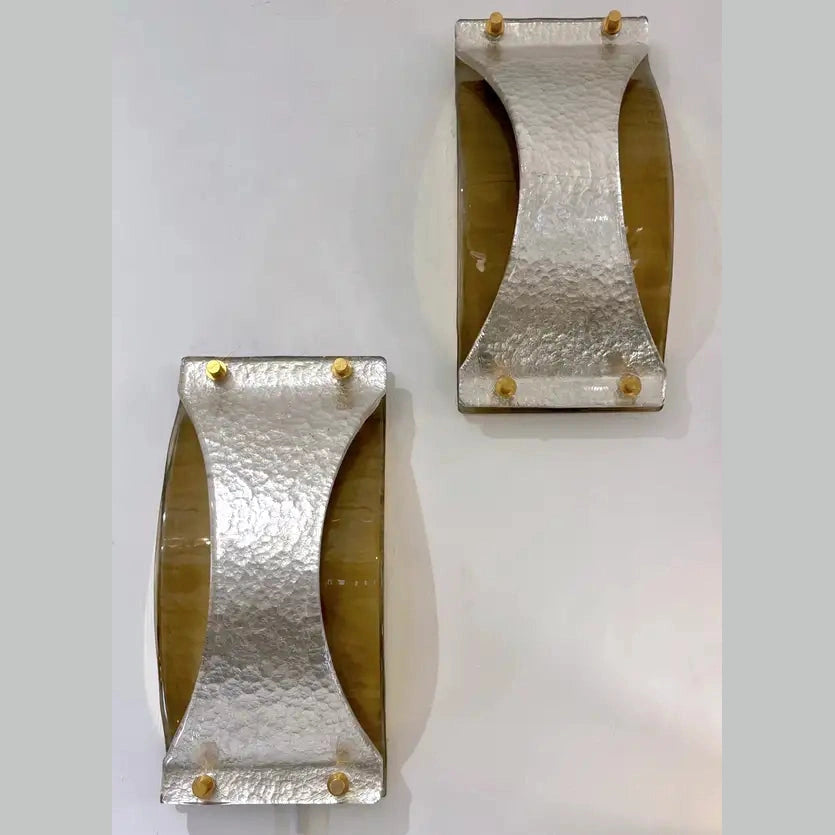 Italian Modern Pair Silver Leaf Smoked Murano Glass Organic Design Brass Sconces