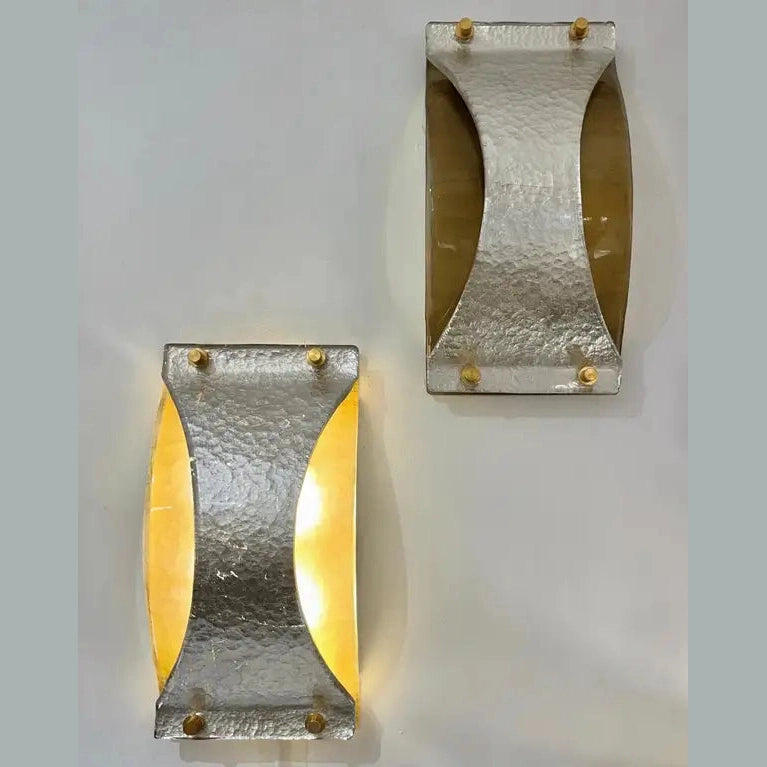 Italian Modern Pair Silver Leaf Smoked Murano Glass Organic Design Brass Sconces