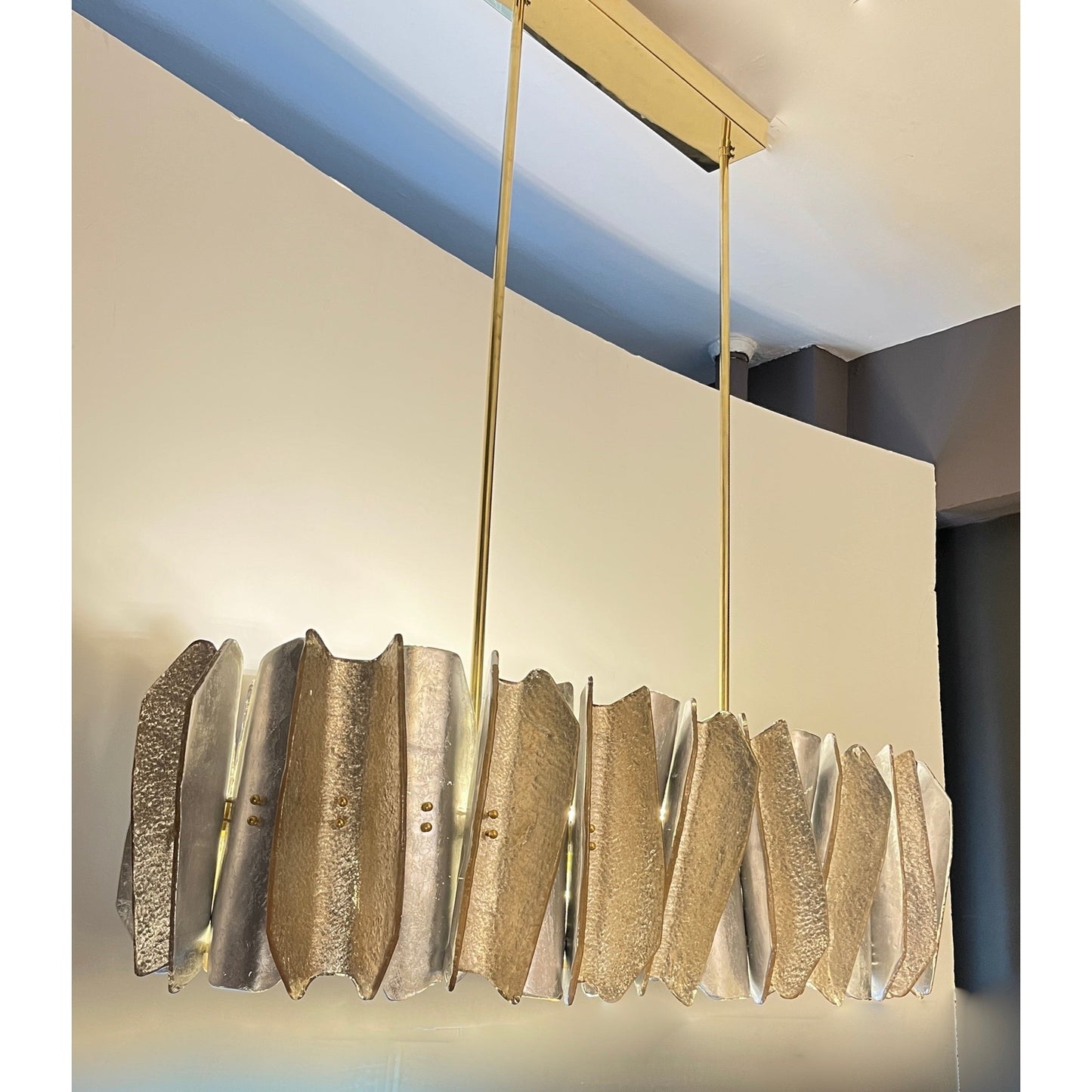 Italian Post Modern Amber Gold Silver Murano Glass Graphic Brass Oval Chandelier