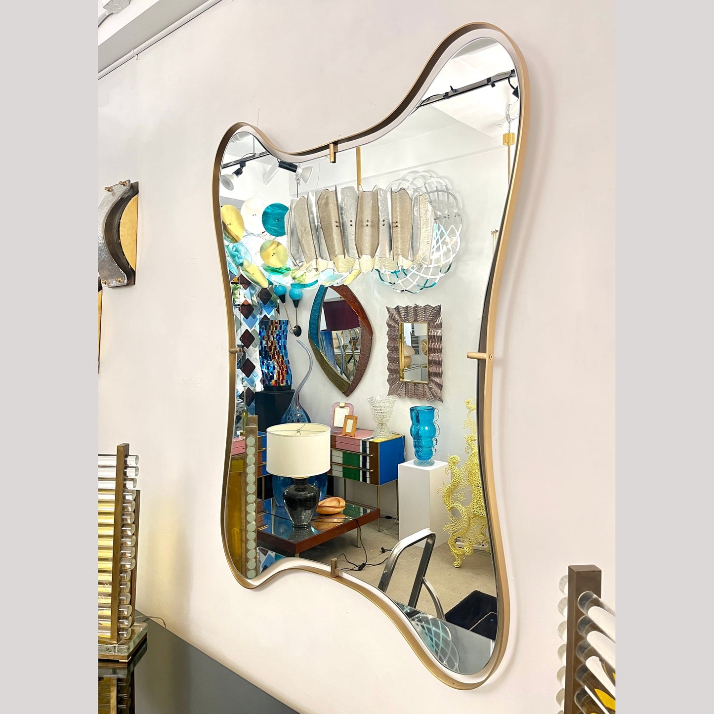 Modern Italian Minimalist Brass Mirror with Organic Asymmetric Curved Frame