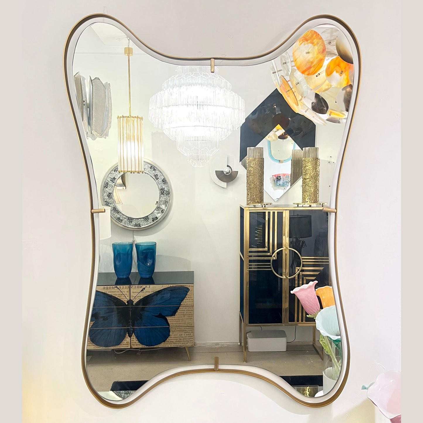 Modern Italian Minimalist Brass Mirror with Organic Asymmetric Curved Frame