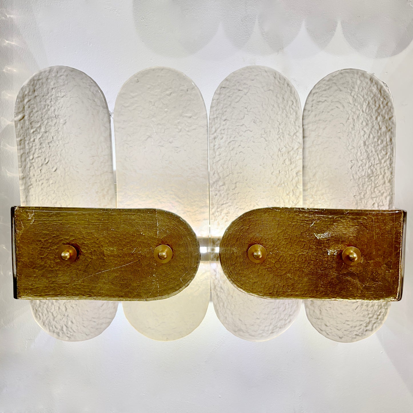 Post Modern Organic Italian Pair Geometric Beige Murano Glass Gold Leaf Sconces