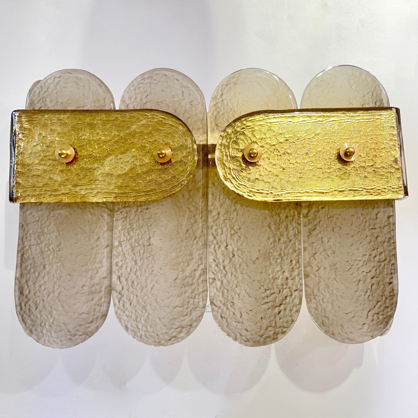 Post Modern Organic Italian Pair Geometric Beige Murano Glass Gold Leaf Sconces