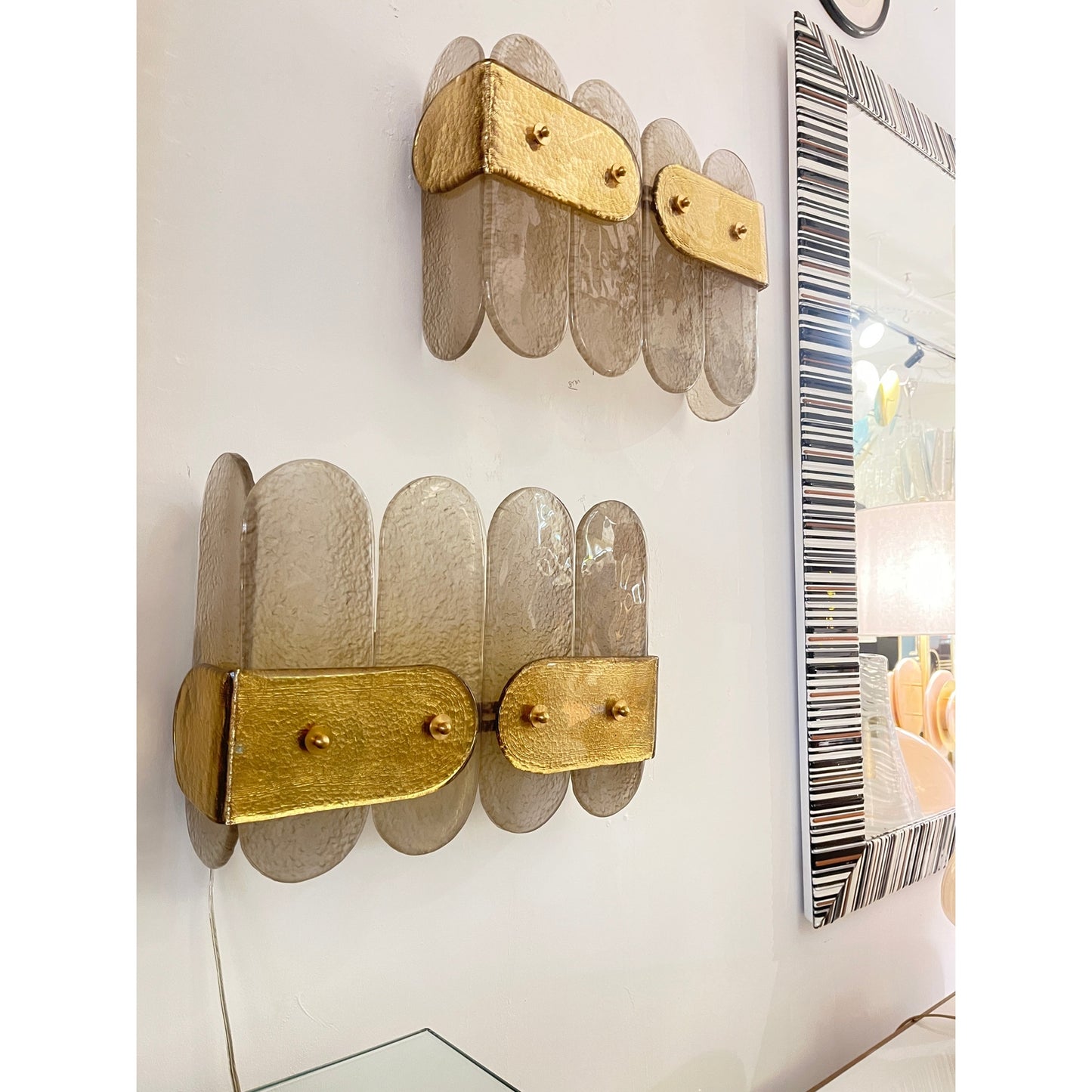 Post Modern Organic Italian Pair Geometric Beige Murano Glass Gold Leaf Sconces