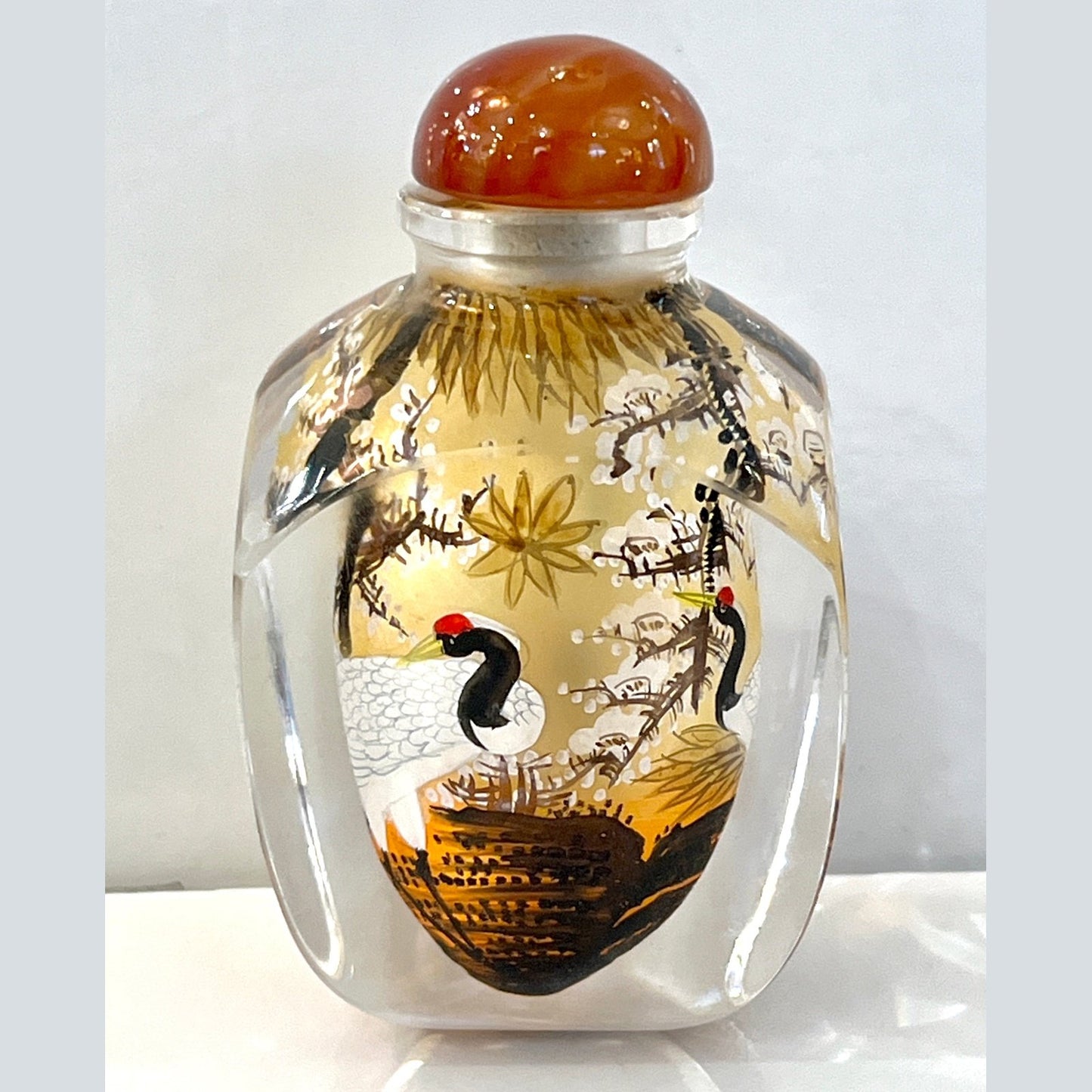Asian Crane Birds Reverse Painted Cut Glass Decorative Bottle with Agate Stopper