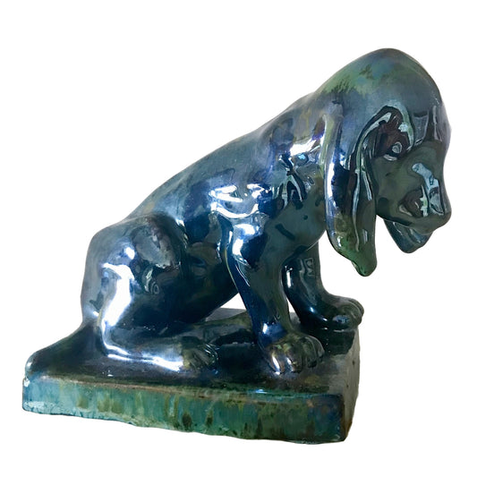 French Antique Pottery Art Nouveau Lustre Glaze Blue Green Dog Figure Sculpture