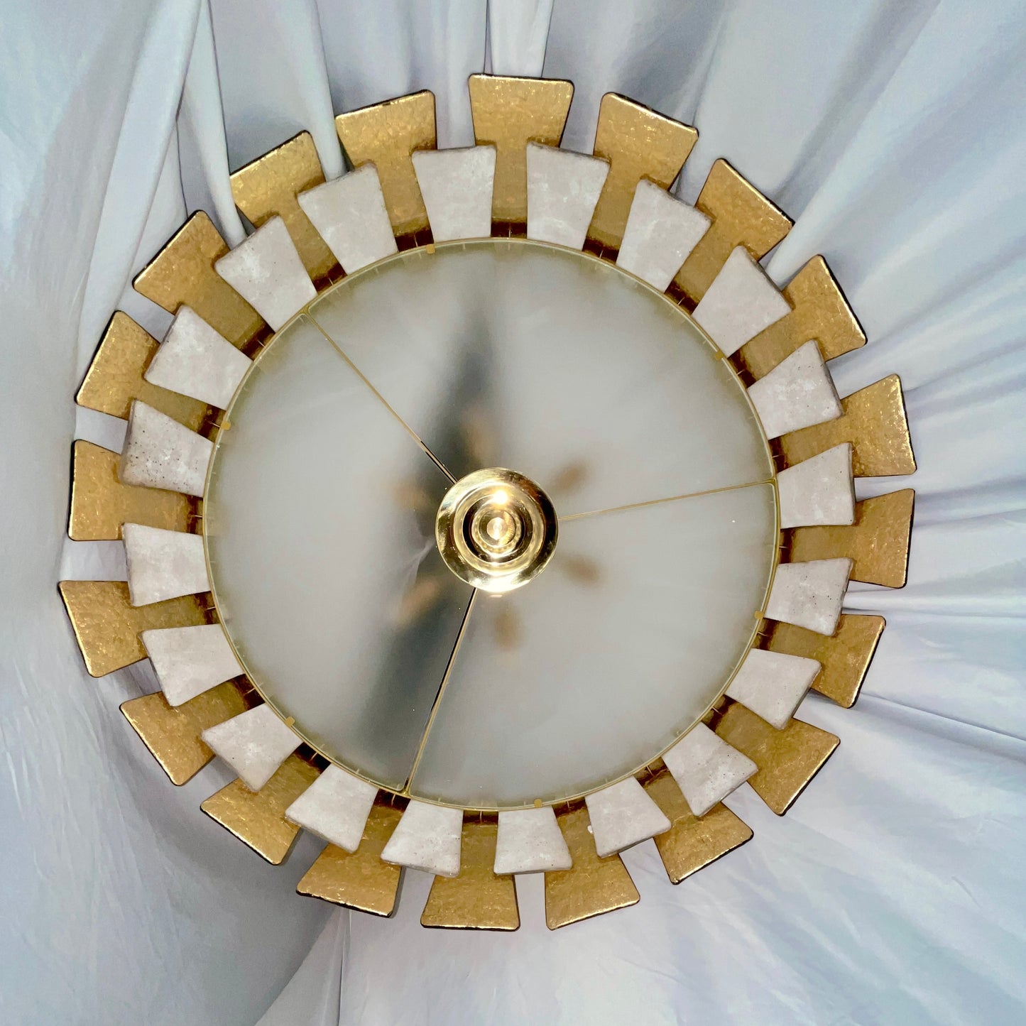Italian Modern Art Deco Design Frosted White Gold Murano Glass Round Chandelier