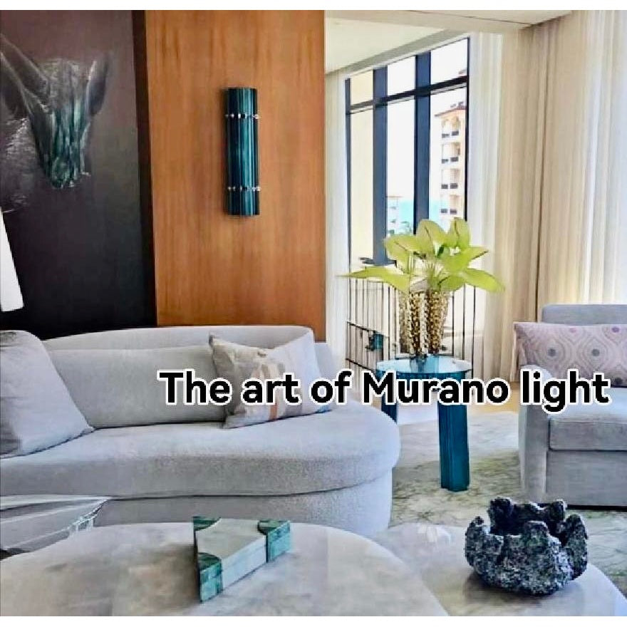 Italian Contemporary Minimalist Pair of Aquamarine Murano Glass Nickel Sconces