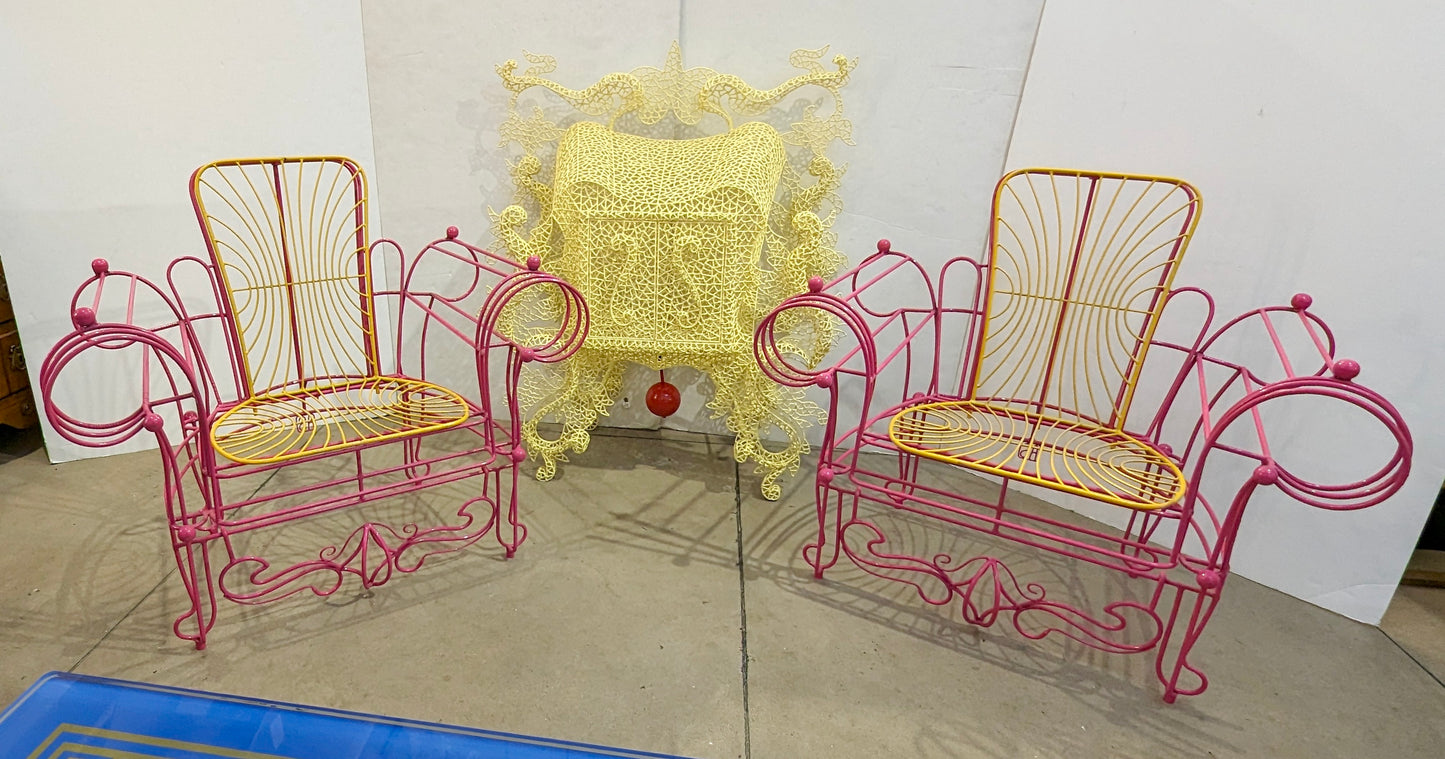 1990s Spazzapan Italian Pop Art Pair of Pink Yellow Metal Armchairs Sculptures