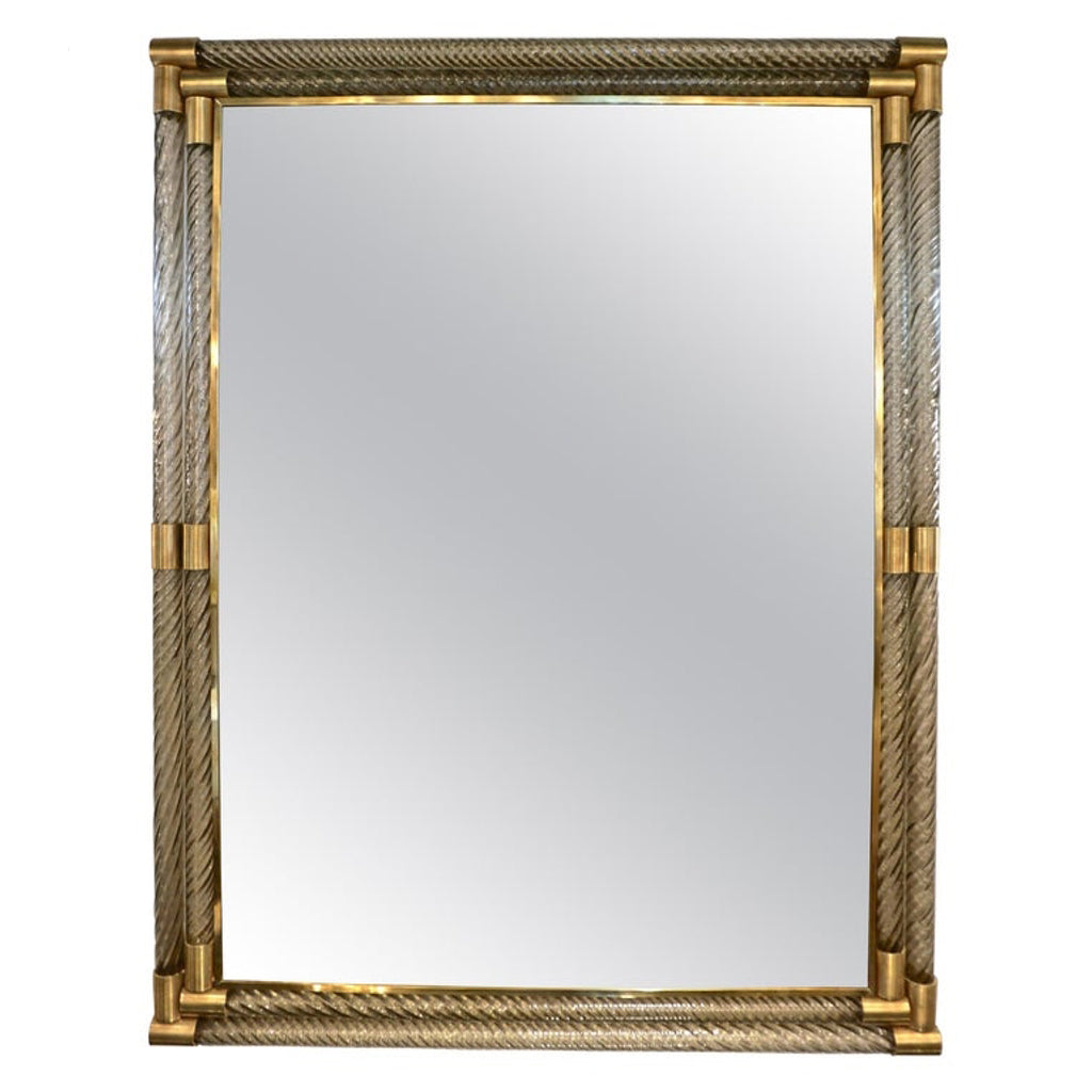 Italian Double Frame Twisted Crystal Murano Glass Mirror with Gold Brass Accents