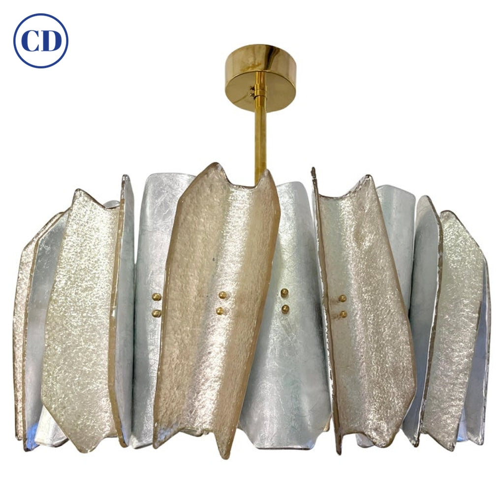 Italian Bespoke Post Modern Silver Amber Murano Glass Round Graphic Chandelier