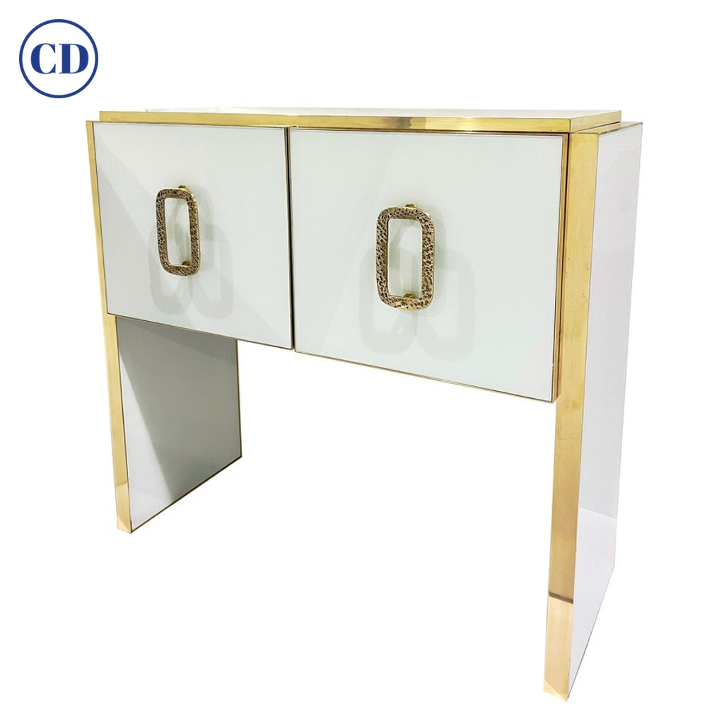 Modern Italian Custom Design Brass Edged Ivory White 2 Door Cabinet/Bar