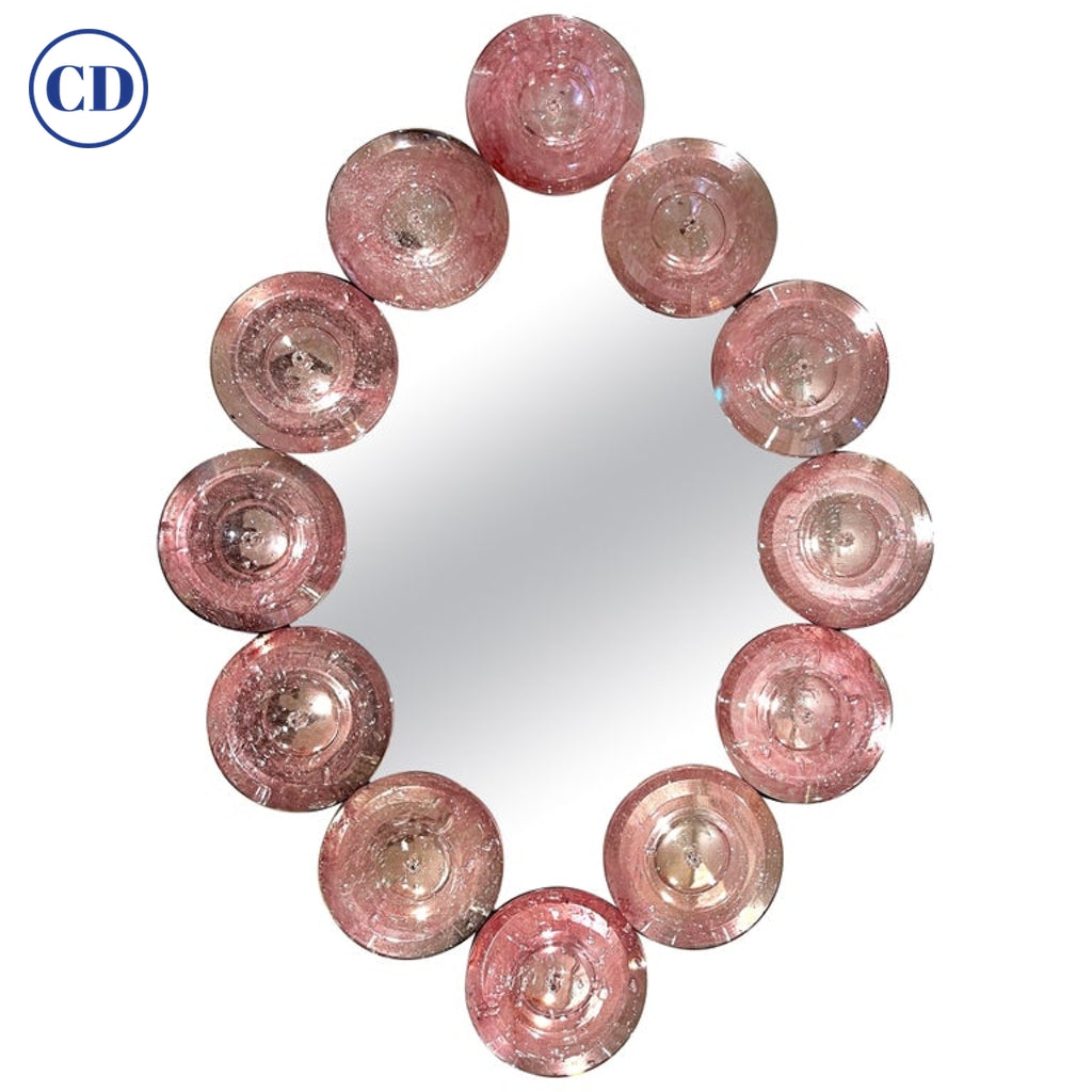 Contemporary Italian Custom Blush Pink Murano Glass Disc Modern Oval Mirror