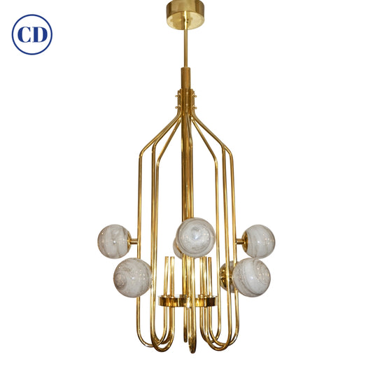 Bespoke Italian Alabaster White Murano Glass Brass Curved Globe Chandelier