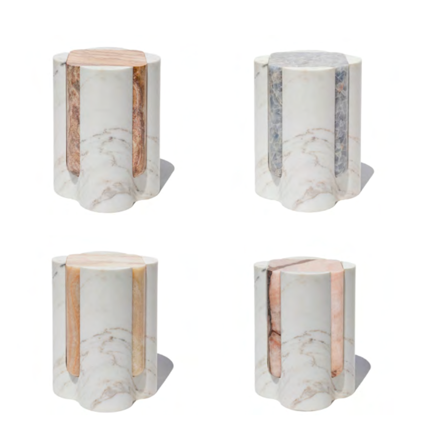 Bespoke Golden Calacatta Marble & Pink Onyx Graphic Modern Sidetable/Stool