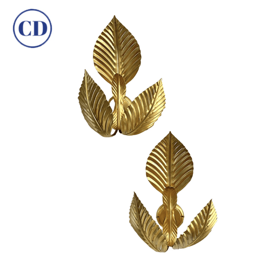Contemporary Italian Art Deco Design Pair of Hand Made Gold Metal 3-Leaf Sconces
