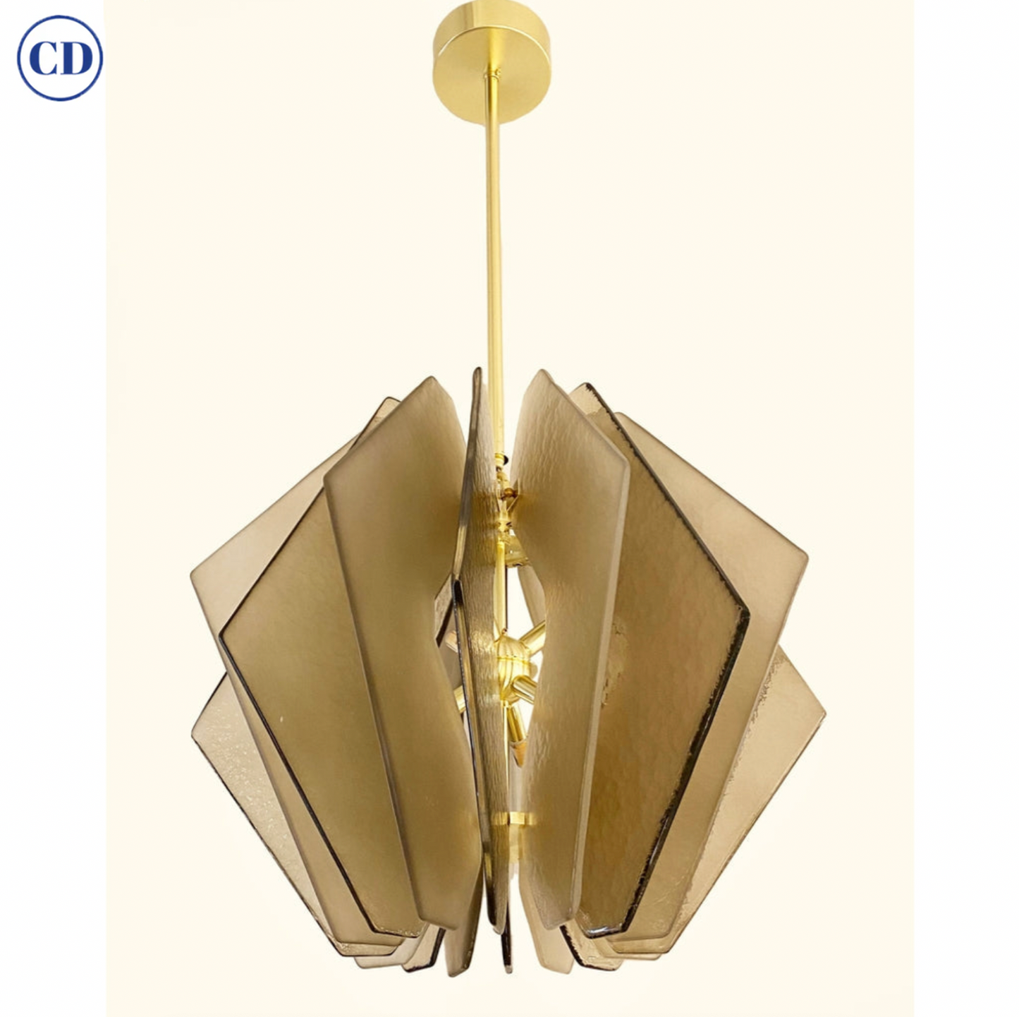 Contemporary Italian Beige Textured Murano Glass Satin Brass Pendant/Chandelier