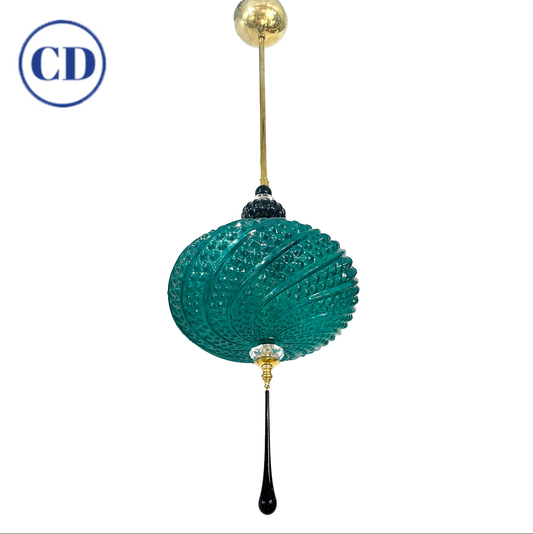 Bespoke Italian Horizontal Emerald Green Black Murano Glass Brass Oval Pendant
