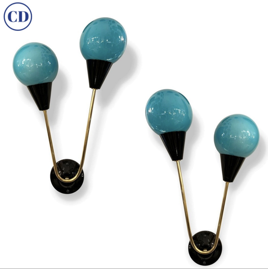 Contemporary Italian Pair of Two Globe Turquoise Blue Murano Glass Brass Sconces
