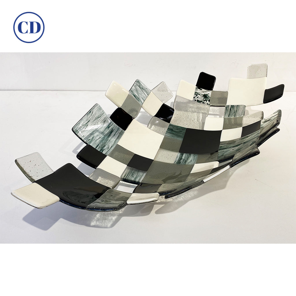 Modern Italian Art Deco Design Green Black White Smoked Art Glass Mosaic Bowl