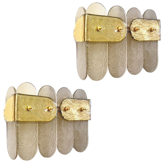 Post Modern Organic Italian Pair Geometric Beige Murano Glass Gold Leaf Sconces