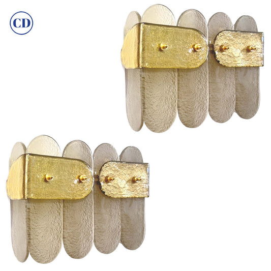 Post Modern Organic Italian Pair Geometric Beige Murano Glass Gold Leaf Sconces