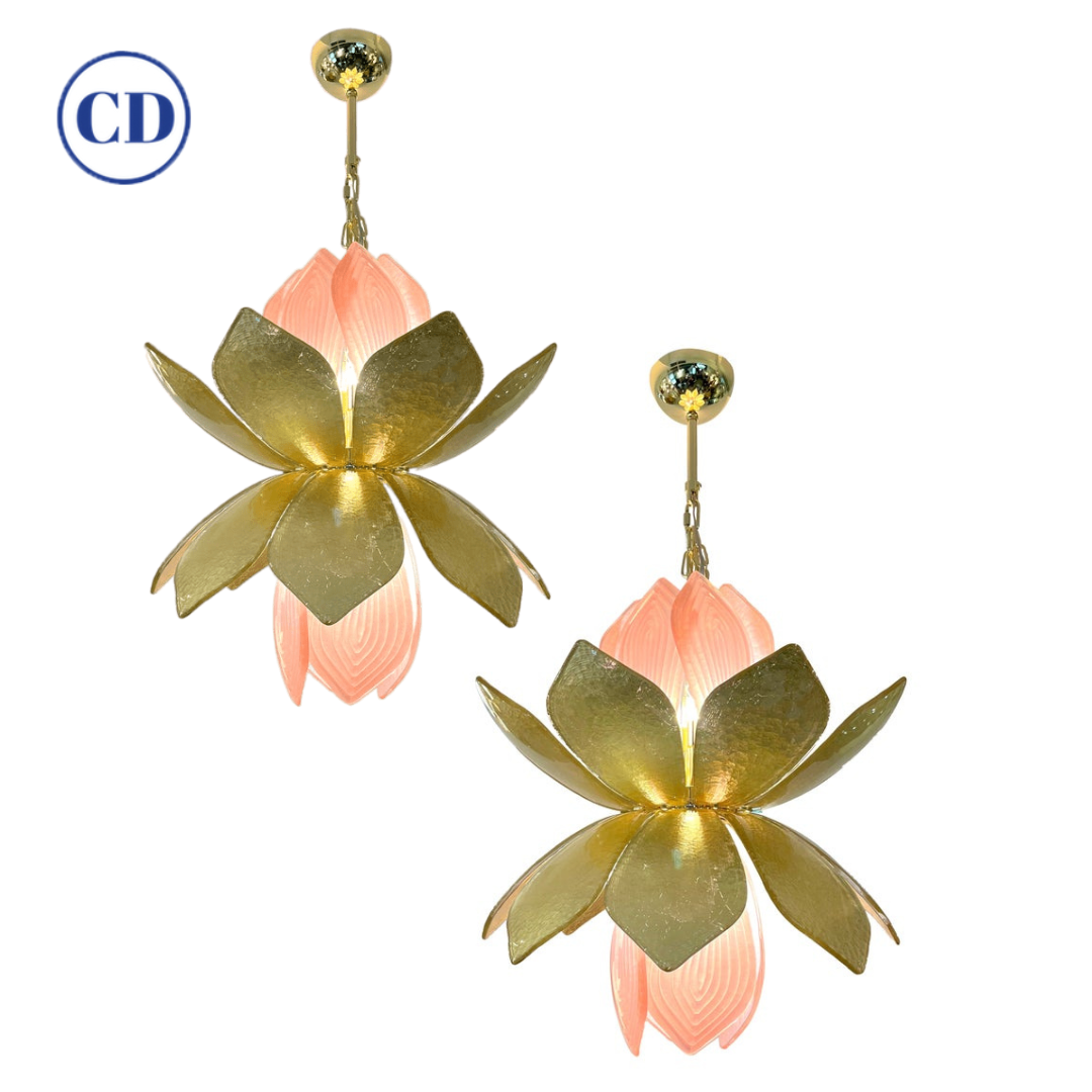 Contemporary Pair of Italian Pink Gold Murano Glass Brass Flower Chandeliers