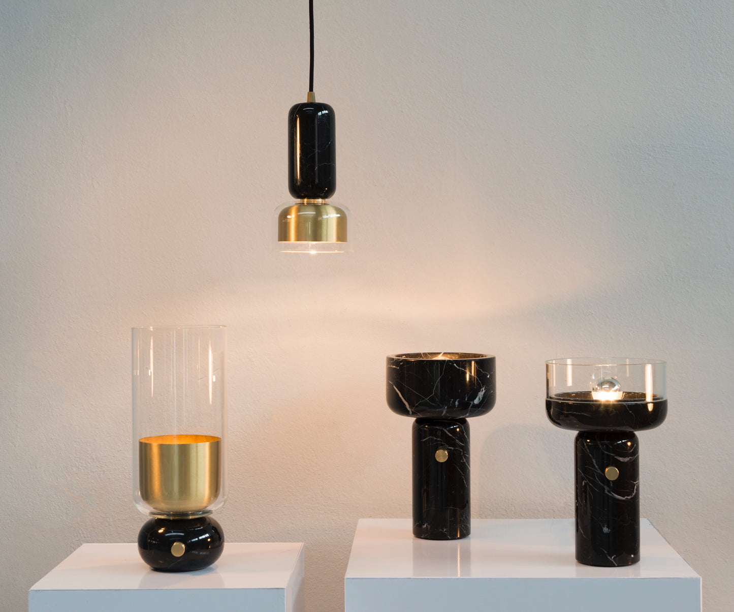 E. Elizarova Italian Minimalist Black Marble Glass & Brass Modern Pendant Light (Pair)