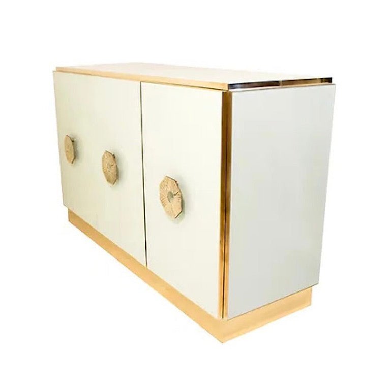 Bespoke Art Deco Italian Couture Design White & Brass 3-Door Cupboard/Sideboard