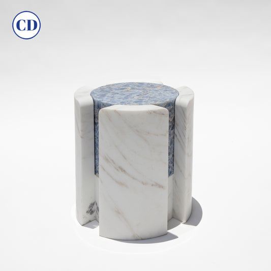 Bespoke Golden Calacatta Marble & Blue Calcite Graphic Modern Round Sidetable/Stool