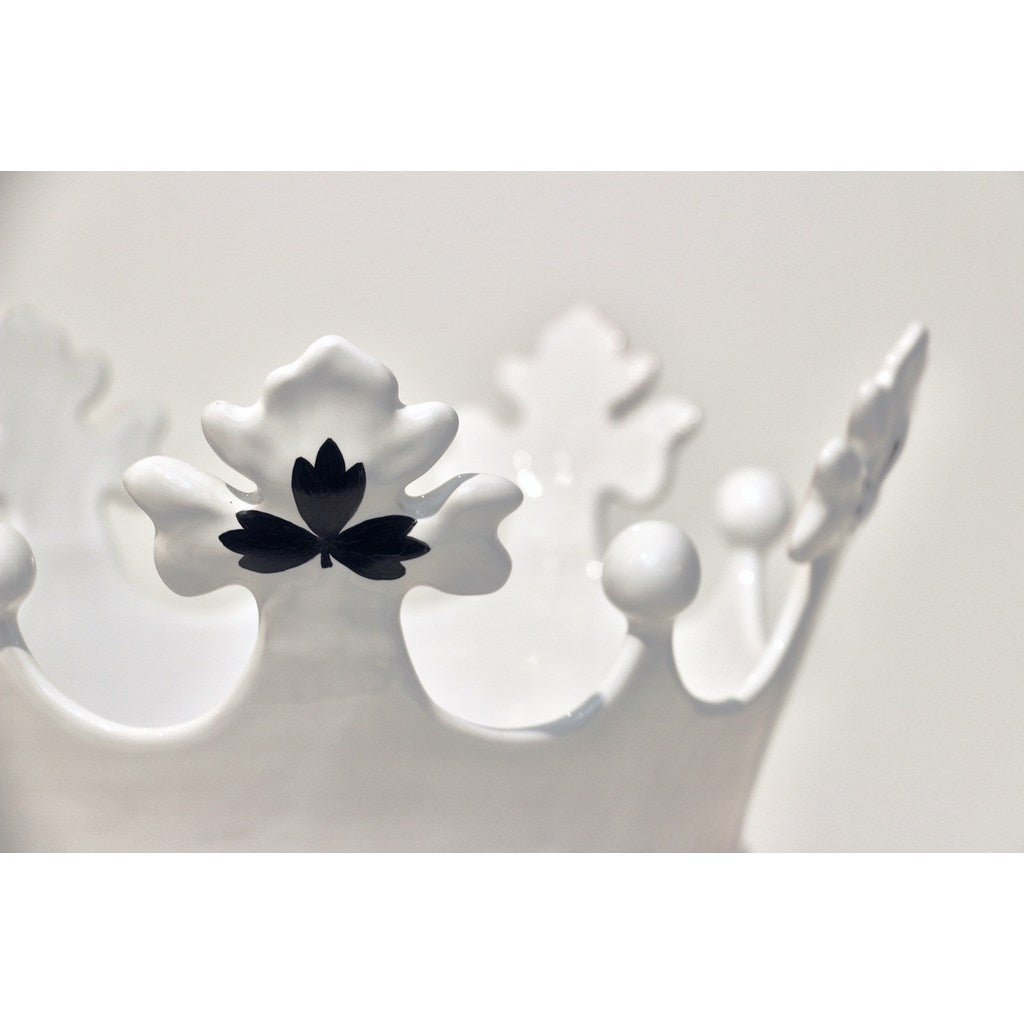 Contemporary Italian Enameled Black White Majolica Crown Bowl & Platinum Accents