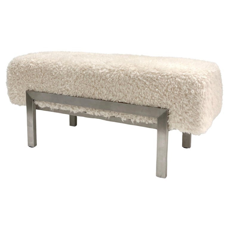 1970 Italian Vintage White Himalayan Faux Fur Steel Bed Stool Bench-2 available